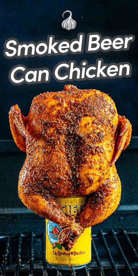 This Smoked Beer Can Chicken is a whole chicken, seasoned with a savory blend of BBQ spices, smoked slowly, on top of a can of premium beer. With its golden, crispy skin and the deep, moist flavor that only a smoker can deliver, this dish is sure to be the star of your next cookout! Via @umamiology Smoked Beer Can Chicken, Smoked Whole Chicken, Can Of Beer, Can Chicken Recipes, Chicken Rub, Can Chicken, Easy Grilling Recipes, Beer Can Chicken, Weekday Meals