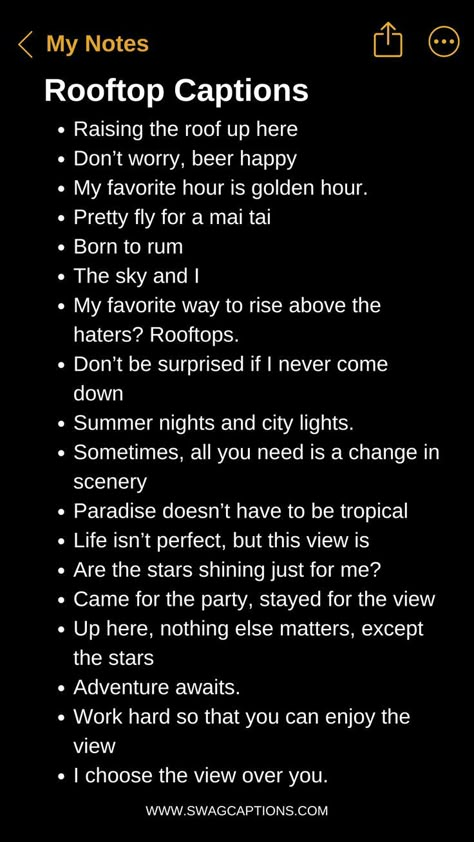 "Reach for the sky with these Rooftop Captions and Quotes for Instagram! Enhance your feed with inspiring views and uplifting words perfect for those rooftop moments. Whether you're soaking in sunsets or stargazing under city lights, let these captions accompany your high-flying posts. From urban adventures to peaceful escapes, find the perfect words to capture the essence of your rooftop experience. Captions About Views, Views Captions, View Quotes Instagram, Instagram Captions For Views, Views Instagram Captions, High Captions For Instagram, The View Caption, Night View Captions Instagram, Quotes Cute Aesthetic