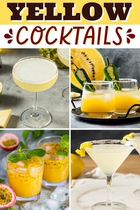 Yellow Cocktails Yellow Cocktails, Golden Margarita, Layered Cocktails, Best Margarita Recipe, Pineapple Cocktail, Lemon Drop Martini, Peach Syrup, French 75, Mixed Drinks Alcohol