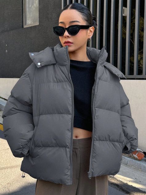 Dark Grey Casual Collar Long Sleeve Woven Fabric Plain Puffer Embellished Non-Stretch  Women Clothing Dark Grey Outfit, Cute Winter Jackets, Padded Jacket Women, Grey Puffer Jacket, Outerwear Women Winter, Cold Weather Fashion, Padded Coat, Oversized Coat, Winter Trends