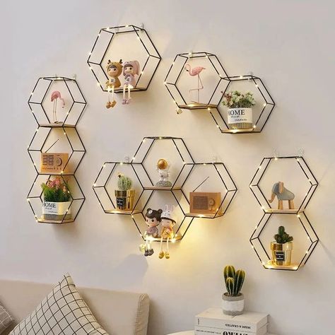 home decor wall decoration, room decoration Hexagon Wall Shelf, Hexagon Shelves, Shelf Lighting, Creative Display, Floating Wall Shelves, Estantes Flotantes, Hexagon Pattern, Floating Wall, Decoration Inspiration