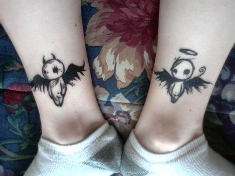 These are too cute! Angel Devil Tattoo, Pair Tattoos, Satanic Tattoos, Tim Burton Tattoo, Devil Tattoo, Demon Tattoo, Angel Devil, Angel Tattoo Designs, Angel Tattoo