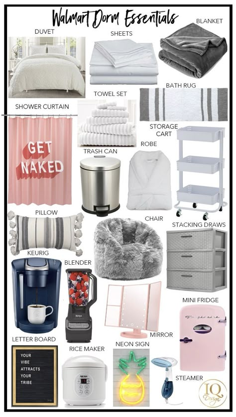 omg this is so helpful for my daughter who is going to college in the fall! We love these walmart dorm room essentials for her room. Collage Dorm Essentials, Dorm Decor Ideas, Dorm Room Essentials List, Essentials For College, Dorm Room Checklist, College Bedroom Decor, Dream Dorm Room, Dorm Shopping, Cozy Dorm Room