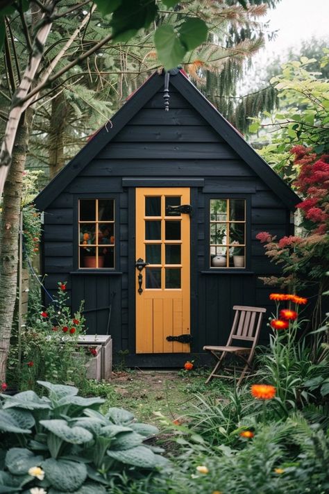 Black Shed Ideas for Striking Backyard Appeal Backyard Cabin Shed, Black She Shed Ideas, Yellow Shed Ideas, Goth She Shed, Black Sheds Ideas Backyard, Exterior Shed Ideas, Gardening Sheds Ideas, Renovated Shed, Outdoor Shed Color Ideas