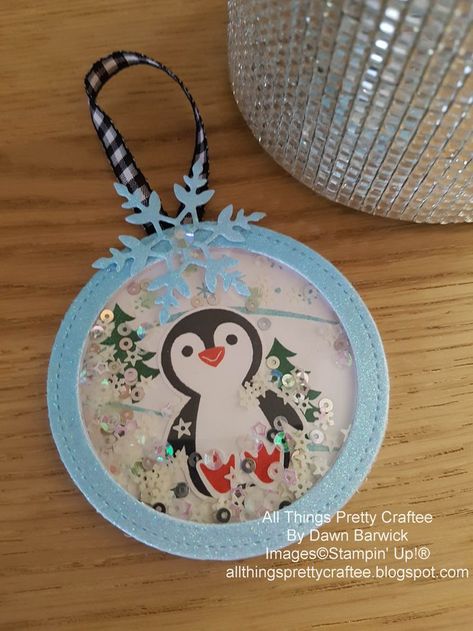 Love this little guy and so pleased the stamps and punch carried over from last year. I have made a cute shaker decoration using the Penguin Place Stamps. Penguin Christmas Cards, Fancy Christmas Ornaments, Christmas Craft Show, Penguin Ornaments, Penguin Christmas, The Penguin, Diy Tags, Craft Show Ideas, Christmas Penguin