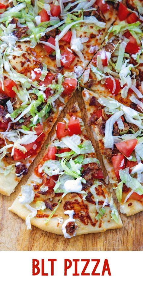 BLT Pizza -- Turn your favorite summer sandwich into a pizza with this BLT Pizza Recipe! The cheesy dough is baked then topped with crisp bacon, lettuce, and fresh tomatoes and a sour cream aioli drizzle. It's the perfect summer dinner, but also makes a fabulous party appetizer. via @wearenotmartha Homemade Blt Pizza, Blt Flatbread Pizza, Blt Dinner Ideas, Blt Pizza Recipe With Mayo, Summer Pizza Recipes, Blt Flatbread, Blt Pizza Recipe, Unique Pizza Recipes, Blt Pizza