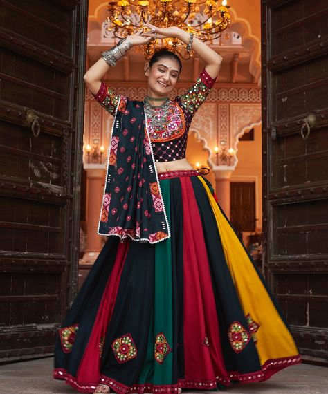 Enjoy the Navratri vibe with multi color rayon embroidery with mirror work lehenga, teamed with blouse and print with embroidery dupatta ✨⭐️ SHOP NOW 🛍️ gotifab.com [lehengacholi, garba outfits, navratri lehengas, navratri collection,navratri chaniya choli,navratri collection ] #lehengacholi #navratrilehenga #navratricollection #navratri #navratrichaniyacholi #garbaoutfit Embroidery With Mirror Work, Chania Choli, Garba Outfit, Navratri Lehenga, Garba Dress, Choli For Women, Navratri Festival, Choli Blouse, Navratri Chaniya Choli