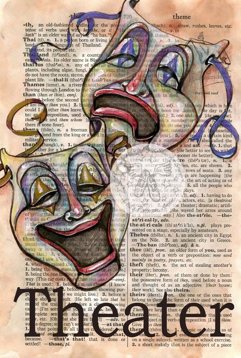 Theater by Kristy Patterson Theatrical Masks, Theater Masks, Comedy Tragedy Masks, Mixed Media Drawing, Drama Masks, Media Drawing, Theatre Masks, Newspaper Art, Comedy And Tragedy