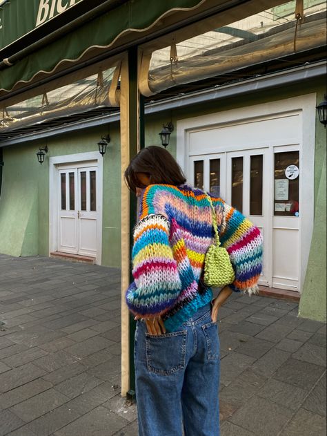 #cardigan #colorful #handmade #knitting Colourful Knit Cardigan, Sezane Cardigan Outfit, Colorful Cardigan Outfit, Sweata Weatha, Cardigan Outfit Aesthetic, Cardigan Colorful, Colorful Cardigan, Handmade Cardigan, Crochet Dreams