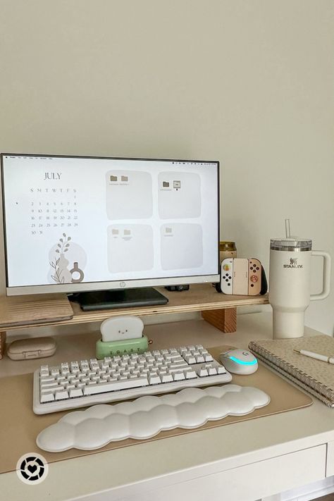 Cozy office setup Follow my shop @WithLoveYami on the @shop.LTK app to shop this post and get my exclusive app-only content! #liketkit @shop.ltk https://liketk.it/4l1AT Cozy Work Office Ideas, Desktop Set Up Aesthetic, Neutral Desk Setup, Standing Desk Organization, L Desk Setup, Work Life Aesthetic, Decorate Desk At Work, Work From Home Set Up, Work Desk Aesthetic