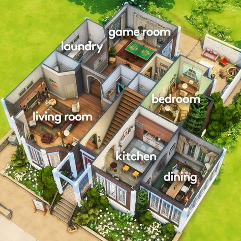 A screenshot from the video game The Sims 4 showing a floor plan of the first floor of a university housing. A shared home for seven students. It has a kitchen, dinging, living room, laundry, game room, one bedroom and three bathrooms on the first floor. There is a green garden outside and a backyard with sofas and a dining area. Themed Houses, Movie Hangout, Snowy Escape, University Housing, Sims Freeplay Houses, University Dorms, Sims Houses, Sims Builds, Sims 4 House Plans