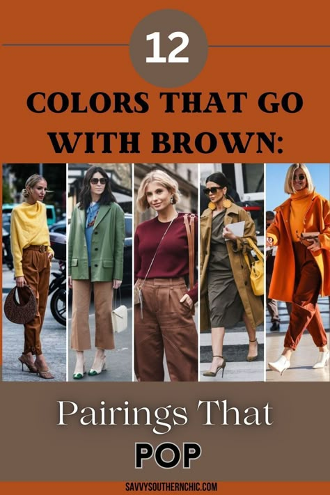 Whether creating a classic, understated look or making a bold fashion statement, the knowledge of what colors to wear with brown can truly transform your style game. Learn how to create brown outfits and how to wear brown for amazing style over 40. Colors To Wear With Brown Pants, Colors That Go With Brown Pants, What To Wear With Rust Colored Pants, Brown Pants Women Outfit, How To Wear Brown Pants, Dark Brown Pants Outfit For Women, Colors That Go With Brown Outfits, Dark Brown Trousers Outfit Women, Brown Pant Outfits For Women