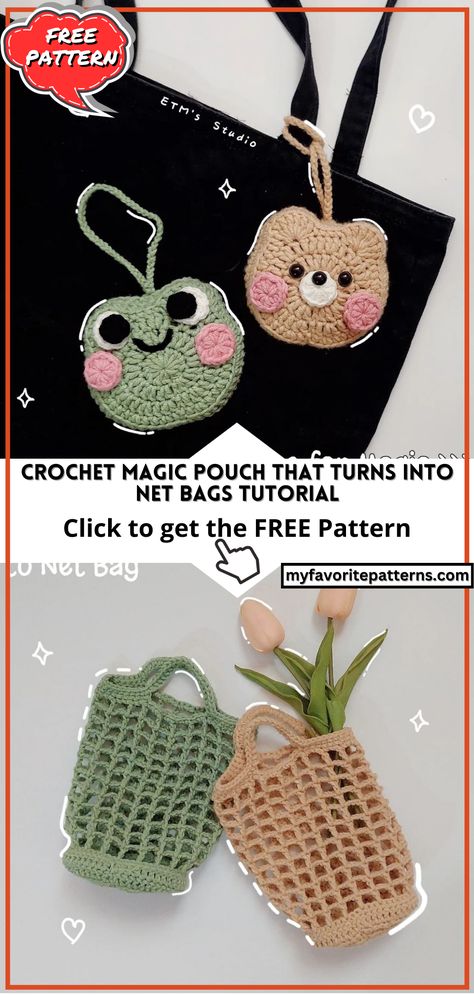 Crochet Magic Pouch that turns into Net Bags Tutorial Crochet Net Pattern, Crochet Hook Pouch, Crochet Craft Fair, Chunky Yarn Crochet, Crochet Bag Pattern Free, Crochet Frog, Crochet Pouch, Crochet Business, Crochet Design Pattern