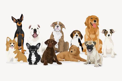 Campaign Illustration, Golden Retriever Cartoon, Cartoons Group, Dogs Clipart, Dog Background, Group Of Dogs, Animal Doodles, Dog Vector, Cute Corgi