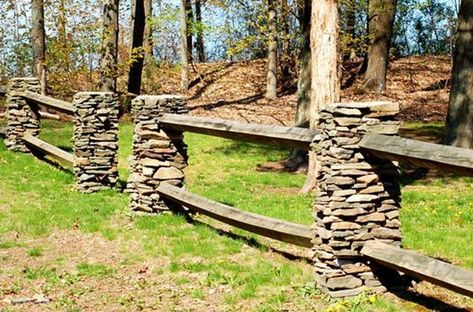 Split-Rail Fences With Stone Posts Driveway Fence, Mountain Garden, Rustic Landscaping, Split Rail Fence, Stone Fence, Driveway Entrance, Driveway Landscaping, Stone Pillars, Types Of Fences