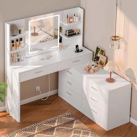 Amazon.com: Quimoo 65.9'' Vanity Desk with LED Lighted Mirror & Power Outlet, Modern Corner Makeup Vanity Table with 8 Drawers & Open Shelves, Dressing Table for Bedroom, Makeup Room : Home & Kitchen Dressing Table For Bedroom, Corner Makeup Vanity, Dresser Minimalist, White Vanity Desk, Makeup Vanity Table, Corner Vanity, Beauty Space, Bedroom Dressing Table, Makeup Table Vanity