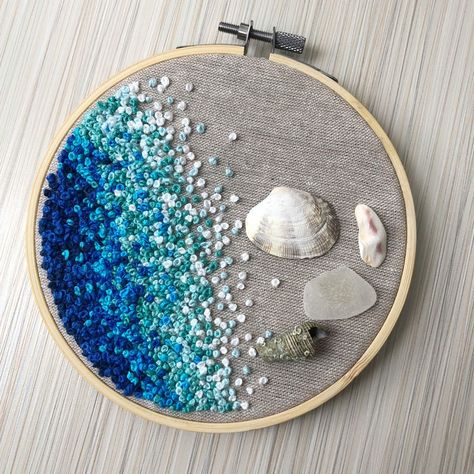 Sea Glass Embroidery, Embroidery With Shells, Sea Shells Embroidery, Sea Embroidery Ideas, Embroidery Shells, Seascape Embroidery, French Knot Embroidery Designs, Knot Embroidery Designs, Water Embroidery