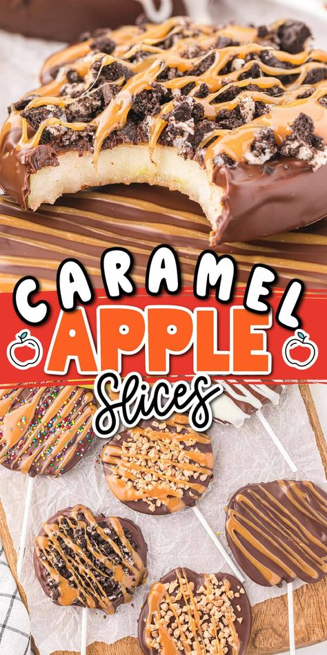 This easy chocolate Caramel Apple Slices recipe is a tasty fall treat, made in 10 minutes using only 3 ingredients (plus water) and your favorite festive toppings. Easier than biting into a big candy apple, sliced caramel apples won’t break your teeth and they fit in your mouth without making a mess on your face! Apple Slice Cookies, Candy Sliced Apples, Caramel Apple Pops Sticks, Carmel Apples Ideas, Inside Out Caramel Apples, Carmel Apple Bites With Rolos, Halloween Candy Apple Slices, Carmel Apple Bark Dessert, Chocolate Cover Apple Slices