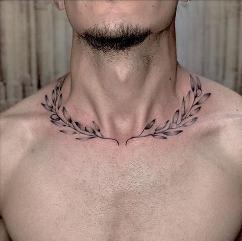 Greek Neck Tattoo, Collar Tattoo Men, Mens Collar Bone Tattoo, Tattoo On Chest For Men, Collarbone Tattoo Men, Mens Neck Tattoos, Laurel Tattoo, Calf Tattoo Ideas, Collar Bone Tattoo For Men