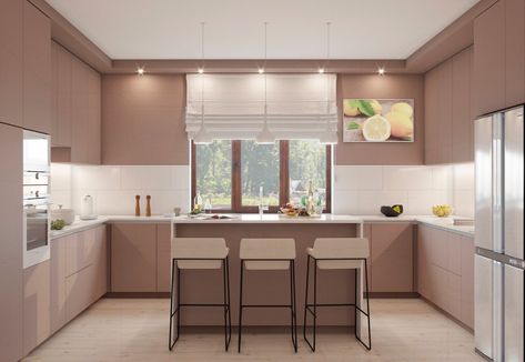 Nude Kitchen Cabinets, Nude Kitchen, Pink Kitchen Cabinets, Kitchen Cabinets Modern, Royal Kitchen, Pink Kitchen Decor, Shaped Kitchen, 3d House Plans, White Kitchens