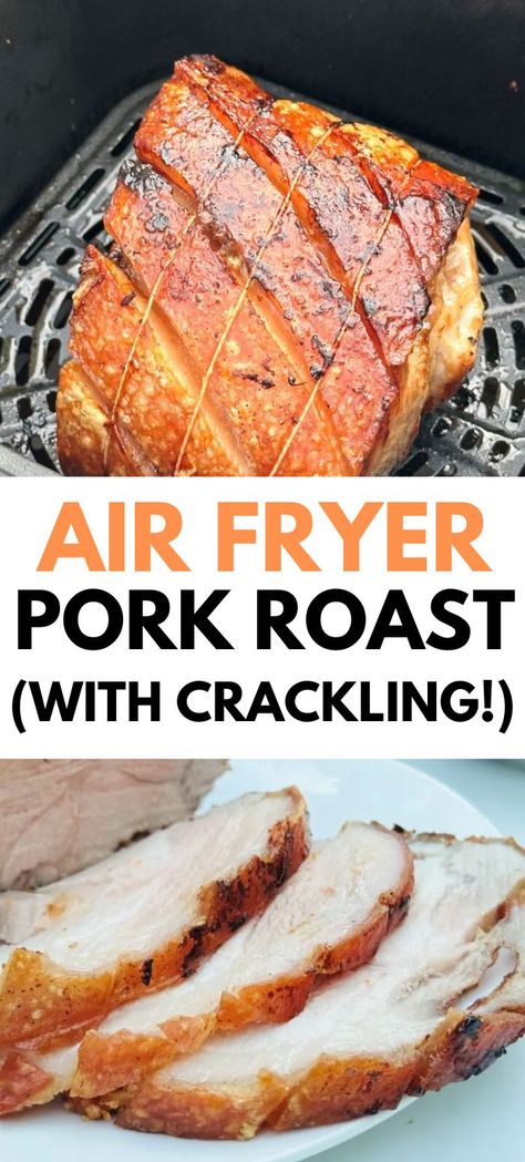 Have you tried cooking a pork joint in an air fryer? It tastes amazing. The pork is really soft and tender and full of flavour. And the crackling? It’s perfectly crispy. We really love cooking whole joints of meat in the air fryer, including whole chicken, beef, gammon, lamb and pork. Check out the easy steps to make the perfect air fryer pork roast joint. Pork Loin Recipes Air Fryer Oven, Pork In The Air Fryer, Airfryer Pork Roast, Roast Pork In Air Fryer, Pork Roast Air Fryer Recipe, Pork Air Fryer Recipes, Pork In Air Fryer, Air Fryer Recipes Pork Loin, Air Fryer Meat Recipes