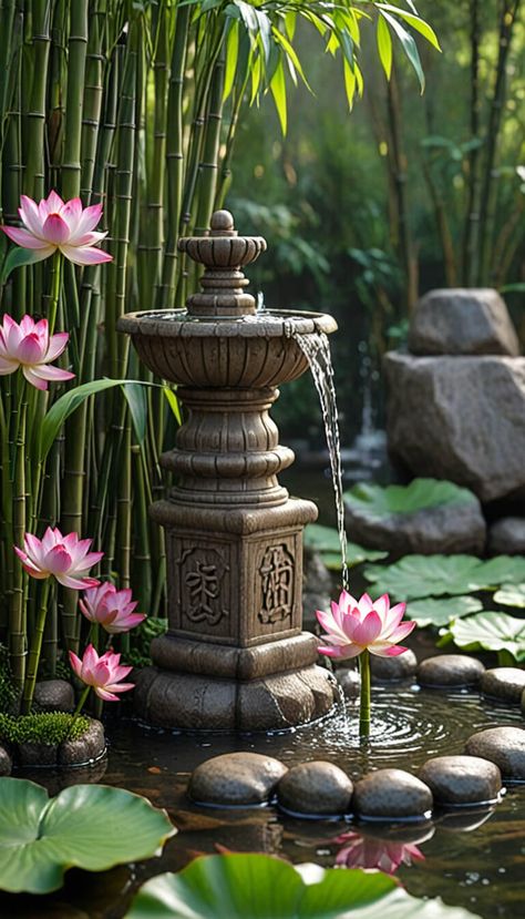 Zen garden foutain - AI creation Aum Art, Zen Water Fountain, Inner Peace Art, Flower Garden Images, Waterfall Background, Zen Wallpaper, Zen Pictures, Lotus Garden, Japanese Garden Landscape