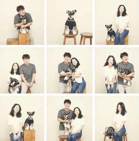 Couple Studio Photoshoot Ideas Korean, Pre Wedding With Dog, Couple With Pets Photography, Couple With Dogs Photoshoot Studio, Couple Pose With Dog, Genie Photoshoot, Dexter Photoshoot, Family And Dog Photoshoot, Dog Family Photoshoot