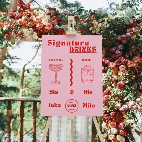 FlowerWildWeddings - Etsy UK Retro Bar Sign, Drink Menu Wedding Bar Signs, Cocktail Bar For Party, Cocktail Station Wedding, Pink And Red Wedding Theme, Drinks Menu Wedding, Cocktail Menu Design, Drink Menu Template, Wedding Cocktail Bar