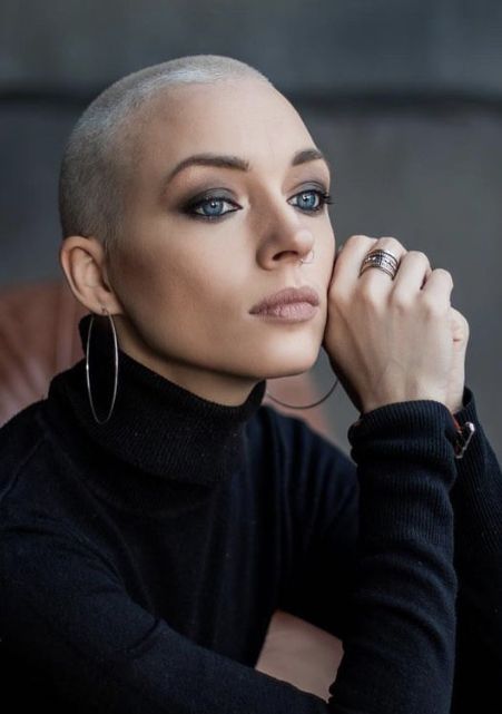 17 Trendy Bald Fall Hairstyle Ideas for 2023 - thepinkgoose.com Bald Women Fashion, Bald Style, Shaved Hair Women, Bald Head Women, Buzz Cut Hairstyles, Bald Look, Shaved Head Women, Meaningful Symbols, Vibrant Makeup