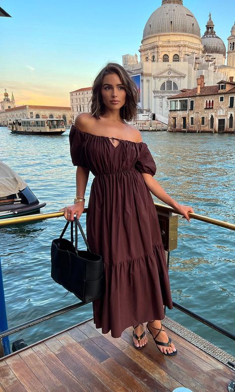 Olivia Culpo Outfits and Style Olivia Culpo Instagram, Olivia Culpo Style, Personal Style Inspiration, Olivia Culpo, Peasant Dress, Lace Up Sandals, Celebrity Outfits, Brown Dress, Comfy Outfits