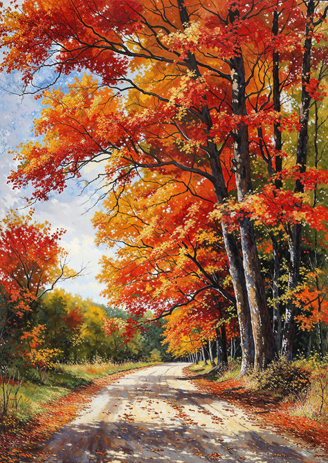 Capture the season's beauty with a road winding through a vibrant autumn forest, ablaze with red and orange hues. Add a touch of fall's warmth to your decor. Simple Fall Landscape Painting, Fall Colors Painting, Fall Foliage Painting, Acrylic Autumn Paintings, Fall Scene Painting, Autumn Scenery Landscape, Fall Nature Painting, Fall Images Autumn Beautiful, Fall Wallpaper Aesthetic Laptop