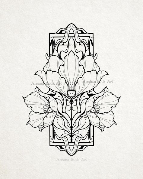 Flash Art Nouveau Disponible ! #artNouveautattoo #artnouveau #flashtattoo Art Nouveau Tattoo Black And White, Peony Art Nouveau, Art Nouveau Filigree, Art Noveau Tattoos Women, Art Nouveau Elements, Art Nouveau Floral Tattoo, Art Nouveau Flowers Illustration, Art Nouveau Tattoo Design, Art Nouveau Ornament