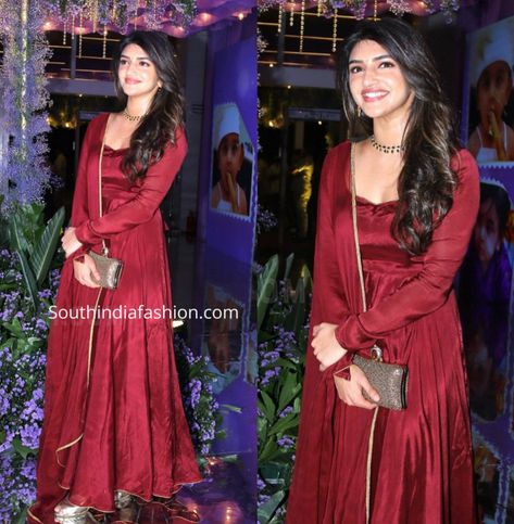 Sreeleela Stuns in a Simple Maroon Anarkali Suit at Dil Raju's Son's Birthday Bash! – South India Fashion Celebrities In Anarkali, Satin Anarkali Suits, Maroon Anarkali Dress, Anarkali Dress Simple, Satin Anarkali, Kurti Outfit, Maroon Anarkali, Anarkali Designs, Son's Birthday