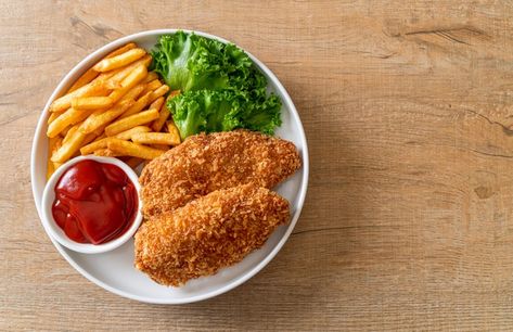 Fried chicken breast fillet steak with f... | Premium Photo #Freepik #photo #food #restaurant #chicken #vegetables Fries And Ketchup, Restaurant Chicken, Pink Sauce, Chicken Fillet, Fillet Steak, Chicken Breast Fillet, Fried Chicken Breast, Photo Food, Underground Railroad