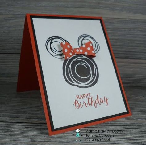 Stampin' Up! Minnie Mouse birthday card made with the Swirly Bird stamp set, designed my demo Beth McCullough. Please see more card and gift ideas at www.StampingMom.com #StampingMom Minnie Mouse Birthday Card, Birthday Card Ideas, Kids Stamps, Cool Birthday Cards, Disney Cards, Bird Stamp, Birthday Cards For Women, Circle Punch, Kids Birthday Cards