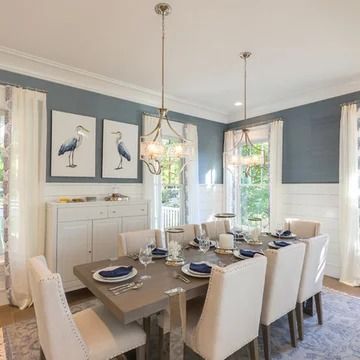 75 Coastal Dining Room Ideas You'll Love - April, 2024 | Houzz Beach Farmhouse Dining Room, French Coastal Dining Room, Dining Room Coastal Decor, Modern Beach Dining Room, Coastal Cottage Dining Room, Costal Dining Rooms Bloxburg, Dusty Blue Dining Room, Beachy Dining Room Ideas, Light Blue Dining Room