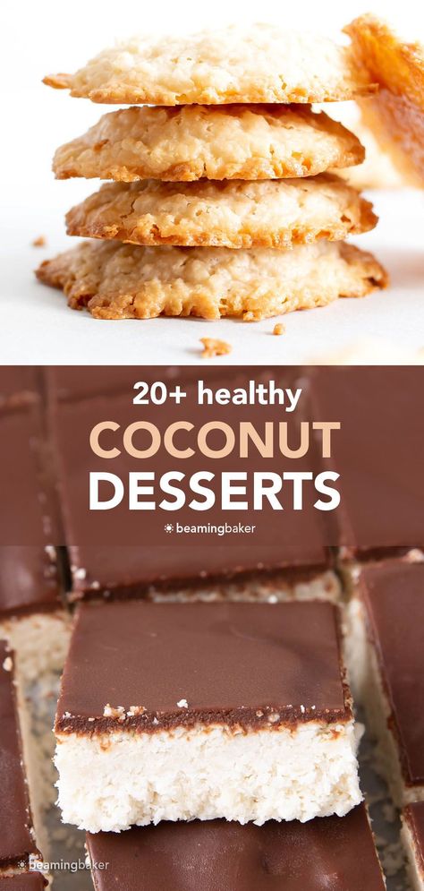 Satisfy your sweet tooth with these healthy coconut dessert recipes! Whether you’re craving coconut cookies or coconut ice cream, we’ve got you covered. | Recipes at BeamingBaker.com Paleo Coconut Cream Recipes, Easy Healthy Coconut Desserts, Coconut Cream Recipes Keto, What To Do With Coconut Flakes, Coconut Flakes Dessert, Healthy Recipes With Coconut Flour, Recipes Using Dessicated Coconut, Healthy Coconut Snacks, Recipes With Sweetened Coconut