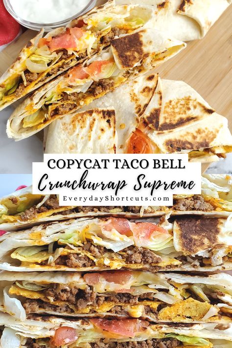 A flour tortilla layered with seasoned ground beef, warm nacho cheese sauce, a tostada shell, shredded lettuce, diced tomatoes and sour cream wrapped in a folded tortilla cooked on both sides. Essen, Crunch Wraps Taco Bell, Toco Bell Crunch Wrap, Taco Wrap Crunch, Taco Bell Crunch Wrap Supreme Recipe, Steak Crunch Wrap Supreme, Gluten Free Crunch Wrap Supreme, Diy Taco Bell Crunch Wrap, Big Crunch Wrap