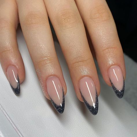 30 Winter Nail Art Designs (Ideas to Try) - You Have Style French Manicure Designs On Almond Nails, Almond Nails Trendy Black, Elegant Almond Nails Classy Black, Silver Almond Nails Designs, Black Inspired Nails, Types Of Nails To Get At Salon, Nails With Black Details, Colored Tip Nails, Nail Design French Tip