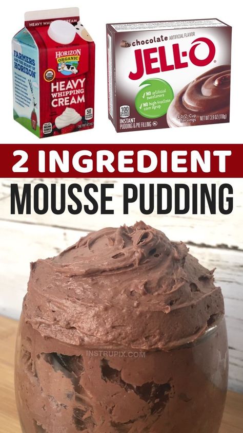 This quick and easy no bake dessert is great for last minute sugar cravings, plus it's made with just 2 ingredients: any flavor of Jello instant pudding and heavy whipping cream. Yes, endless flavor options-- chocolate, banana, vanilla, pistachio, lemon, etc. The heavy cream turns the pudding into a rich and cream mousse that is to die for! Plus it can be made in just about 5 minutes with no baking required. You really only need a tablespoon or two of this rich dessert to be satisfied. Low Carb Mousse Sugar Free, Two Ingredient Mousse Recipe, Best Filling Snacks, How To Make Moose Dessert, Whipped Mousse Recipes, Instant Chocolate Mousse, Chocolate Pudding Recipe Ideas, Heavy Cream And Pudding, What To Do With Chocolate Pudding