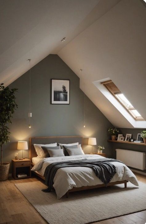 Gable Roof Bedroom Interior, Bedroom Ideas For Attic Rooms, Attic Wall Color, Upstairs Loft Bedroom Ideas, Loft Bedroom Decor Ideas, Sloped Ceiling Bedroom Slanted Walls, Small Houses Interiors, Pitched Roof Bedroom, Small Slanted Ceiling Bedroom