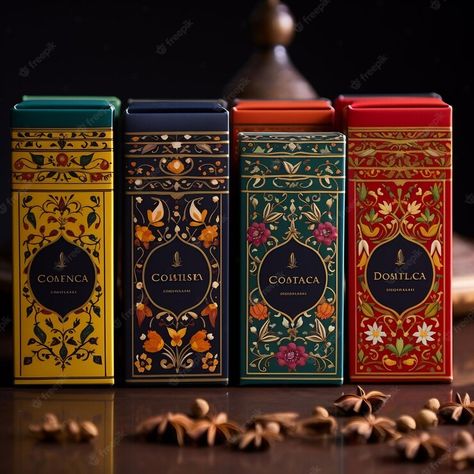 Premium AI Image | a group of boxes of dehyca on a table Diwali Packaging Design, Herb Products, Date Packaging, Premium Chocolate Packaging, Spice Packaging Design Ideas, Gold Packaging Design, Premium Packaging Design, Luxury Tea Packaging, Luxury Box Design