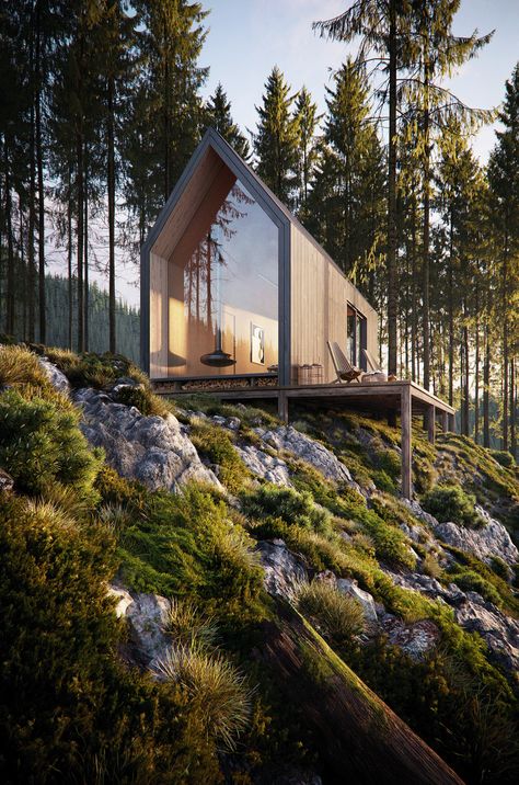 Forest Cabin on Behance Design Case Mici, Scandinavian Cabin, Cabin Modern, Eco Cabin, Glass Cabin, Chalet Design, Forest Cabin, Casa Container, A Frame House