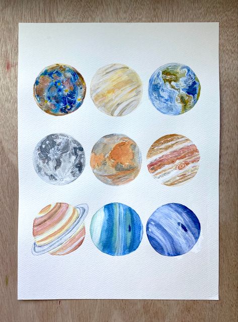 3 by 3 grid of all the planets and the moon. Painted in watercolor and white goauche. Follow me on Instagram for more at [@lauralindberg_art]. #spaceart #planets #spacepainting #space #watercolorplanets Planets Watercolor Painting, Planet Watercolor, All The Planets, Space Watercolor, Space Painting, The Planets, Bob Ross, Book Art Drawings, Gouache Painting