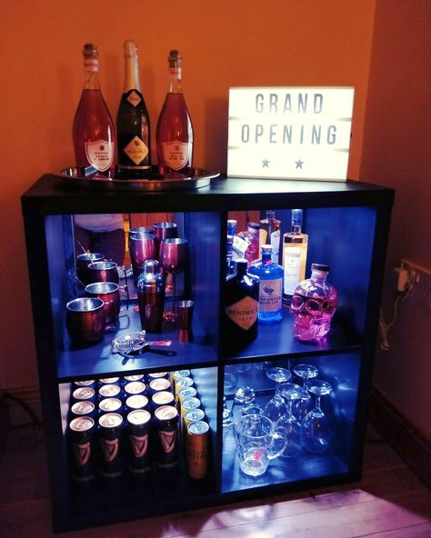 Bar With Cube Shelves, Diy Bar Cube Organizer, Kallax Drinks Cabinet, House Bar Ideas Small Spaces Liquor, Mini Bar Apartment Small Spaces, Cube Bar Ideas, Small Alcohol Bar For Home, Kallax Mini Bar, Mini Bar Ideas Small Spaces Diy