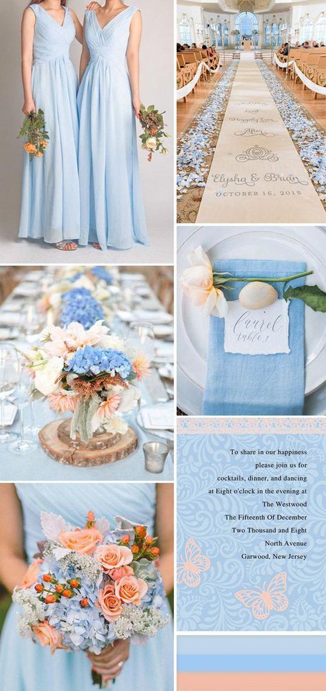 sky blue and peach wedding color ideas and gorgeous blue bridesmaid dresses Peach Wedding Colors, Baby Blue Weddings, Rustic Wedding Decorations, Light Blue Wedding, Spring Wedding Colors, Blue Themed Wedding, Wedding Colors Blue, Wedding Theme Colors, Theme Color