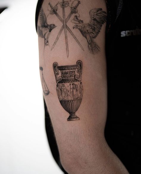 Tattoo uploaded by Ion Caraman • Experience intricate artistry with this micro-realism and illustrative tattoo of a Greek vase by Ion Caraman. Greek Mythology Vase Tattoo, Roman Pottery Tattoo, Ancient Rome Inspired Tattoos, Greek Coin Tattoo, Hercules Vase Tattoo, Greek Vase Design, Roman Woman Tattoo, Greek Jar Tattoo, Greek Patchwork Tattoo Sleeve