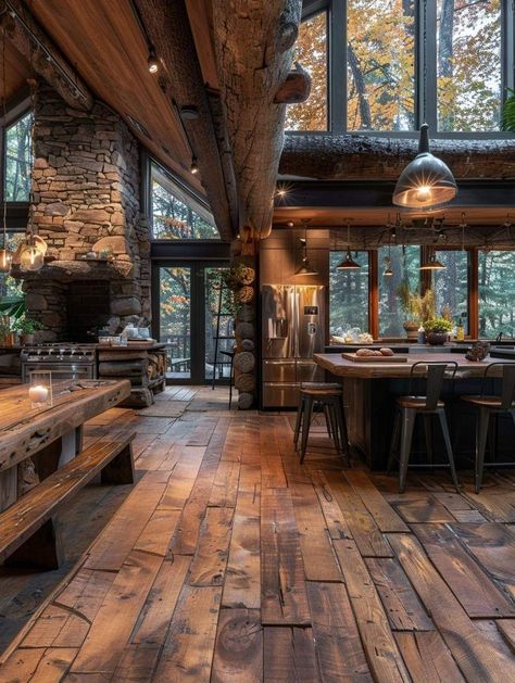 Rustic Small Home Design, Dark Cabin Interior Aesthetic, Mountain House Kitchen Rustic, Reclaimed Wood House, Cabin Style Barndominium, Industrial Log Cabin, Rustic House Aesthetic, Montana Homes Interiors, Barn House Aesthetic