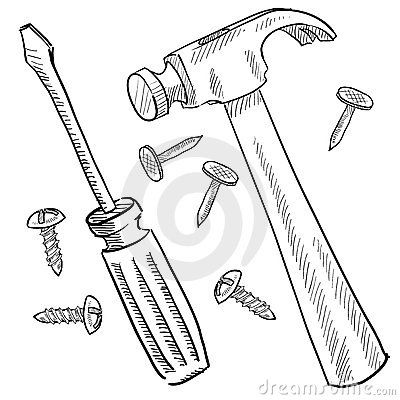 Construction tools sketch screwdriver hammer Tattoo Flash Art ~A.R. Hammer And Nail Drawing, Hammer Drawing Easy, Hammer Sketch, Screwdriver Drawing, Screw Drawing, Nail And Hammer, Hammer Drawing, Tool Drawing, Tools Illustration