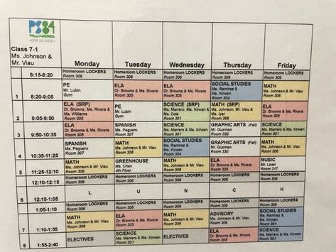 Color Coded, school-wide schedule for Middle Schoolers- Ps 084 School Aesthetic Schedule, School Scedual Aesthetic, Duty Schedule School Aesthetic, Highschool Class Schedule, Color Coding School Subjects, School Classes Schedule, Subject Schedule Template, High School Timetable, School Scedual